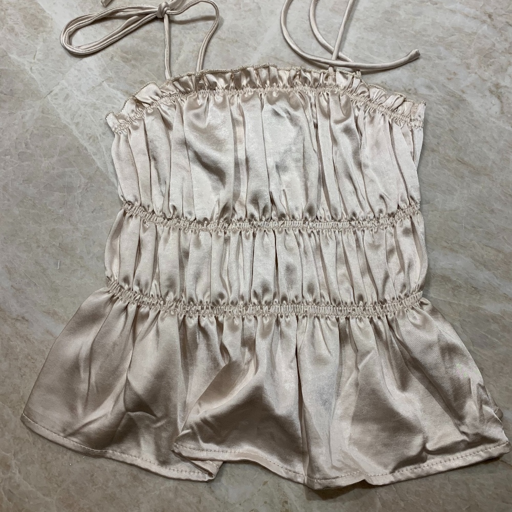 Satin Shirred Tie Shoulder Top